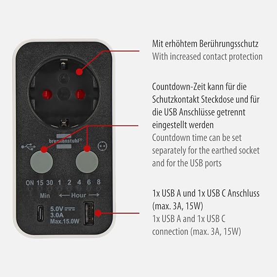 Brennenstuhl Countdown Serisi Led Ekranlı USB ve Type-C Grişli Zaman Ayarlı Priz