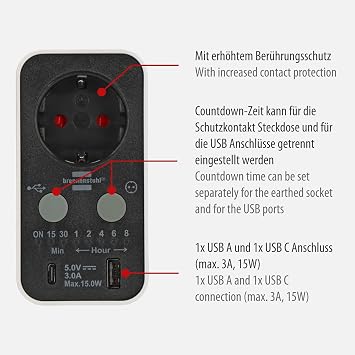 Brennenstuhl Countdown Serisi Led Ekranlı USB ve Type-C Grişli Zaman Ayarlı Priz