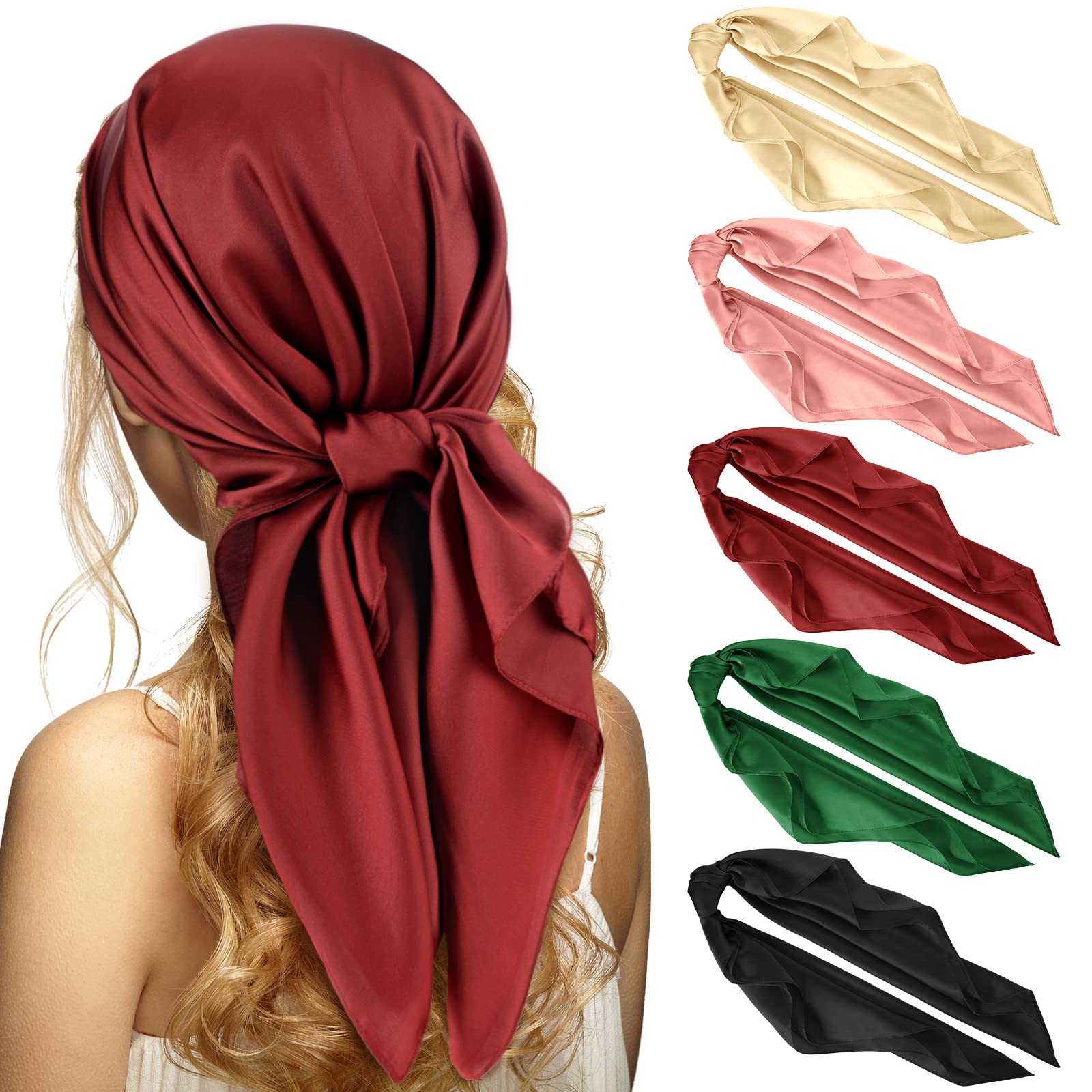 Boyiee 5 Pcs 27.6 Inch Women Satin Hair Scarf Large Head Scarf Square Hair Bandana Vintage Neck Scarves