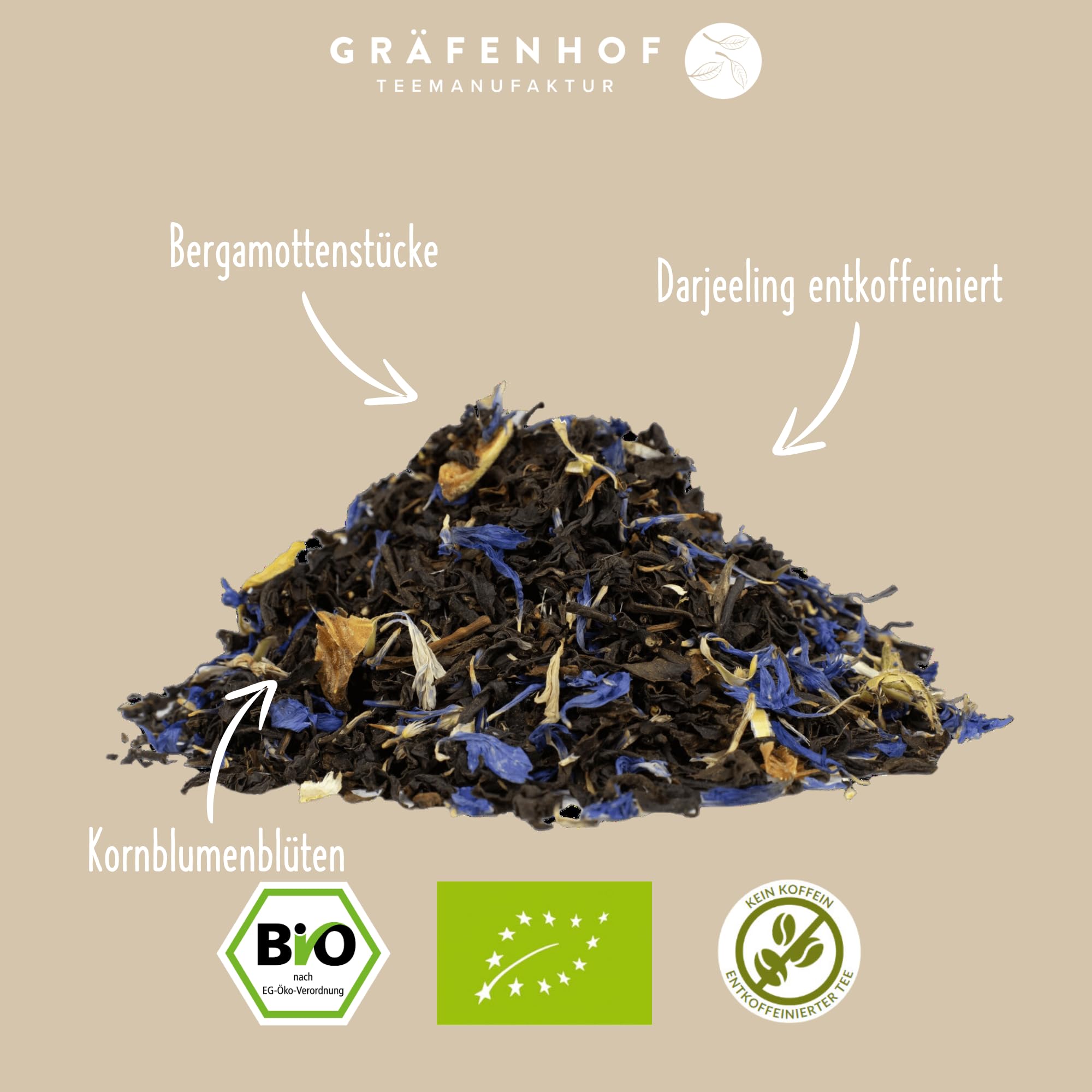 Gräfenhof Earl Grey Deluxe Bio, 250g loser Tee, mit Bergamotte, schonend entkoffeiniert, voller Earl Grey Geschmack, entkoffeiniert, Premium Qualität, in DE abgefüllt