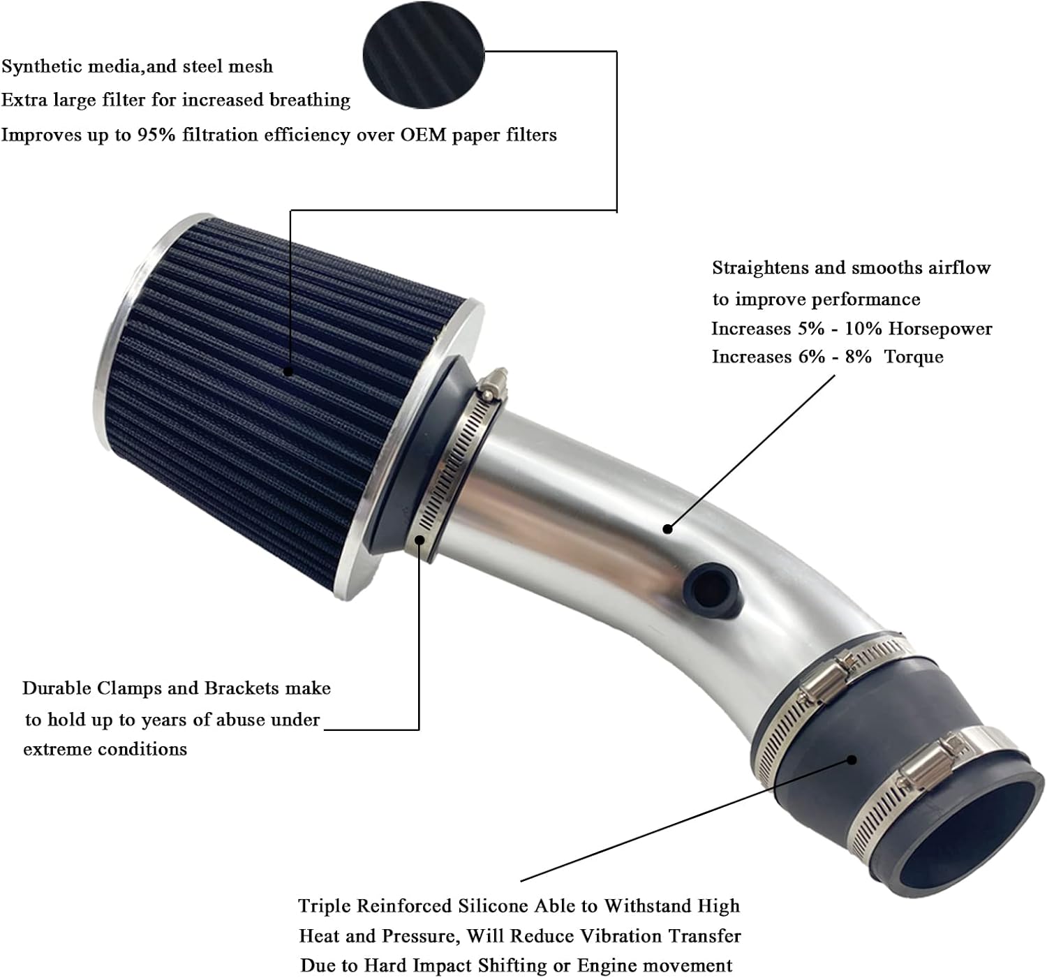 3" Universal Cold Air Intake Kit Intake Pipe Kit Aluminium Automotive Air Intake Air Filter Induction Flow Hose Pipe Kit Silver Tube