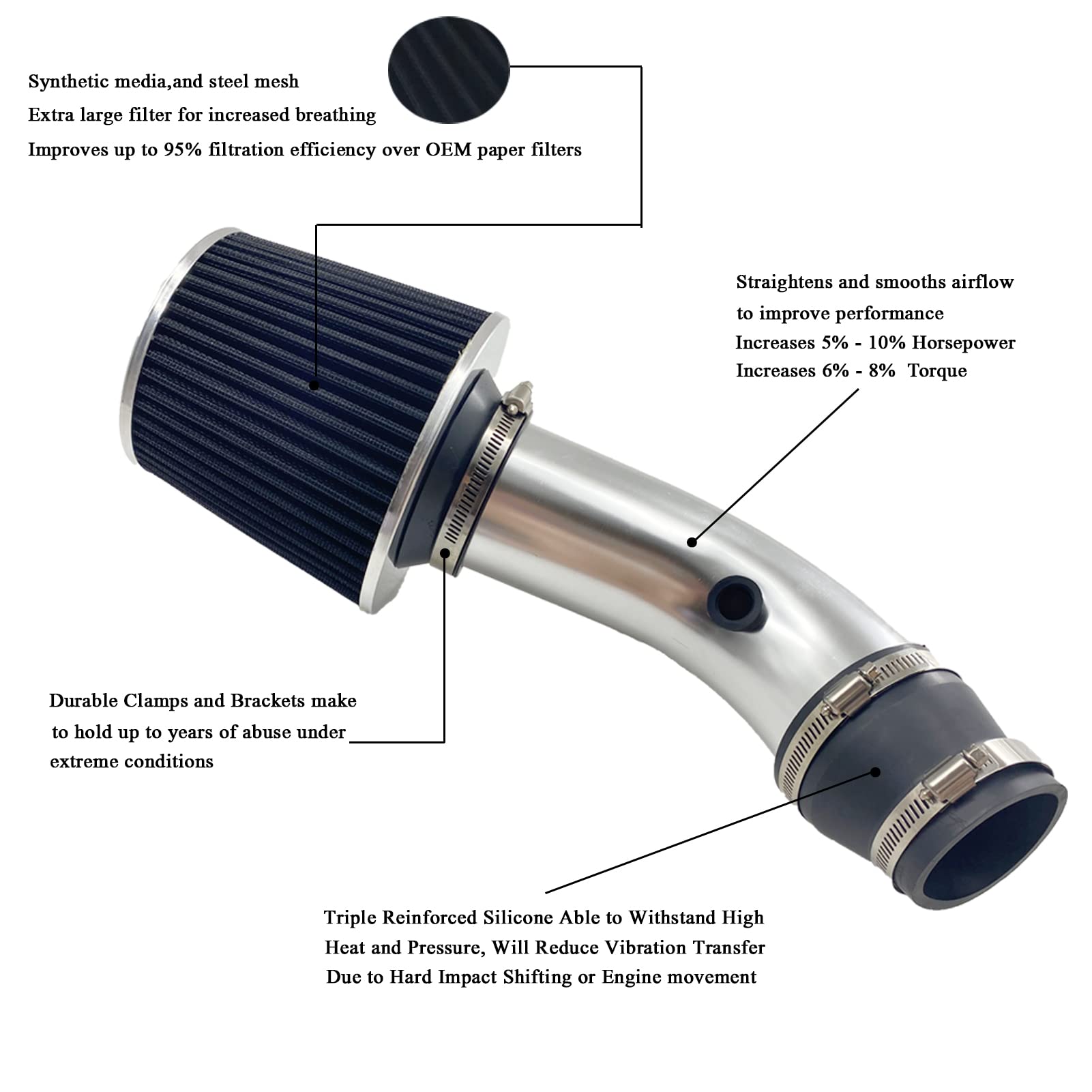 3 Universal Cold Air Intake Kit Intake Pipe Kit Aluminium Automotive Air  Intake Air Filter Induction Flow Hose Pipe Kit Silver Tube : Automotive 