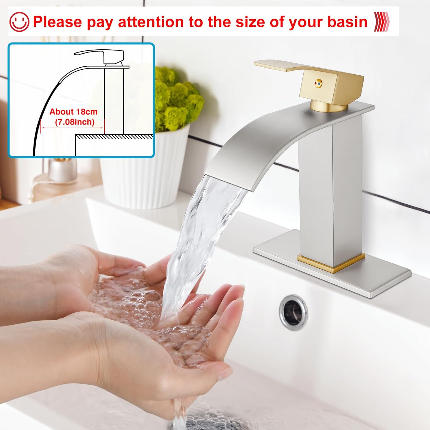 Midanya Brushed Gold Waterfall Bathroom Bowl Vessl Sink Tall Faucet Single Handle Single Hole with Brushed Gold Handle Brushed Nickel Single Handle 1 Hole Waterfall Bathroom Sink Faucet