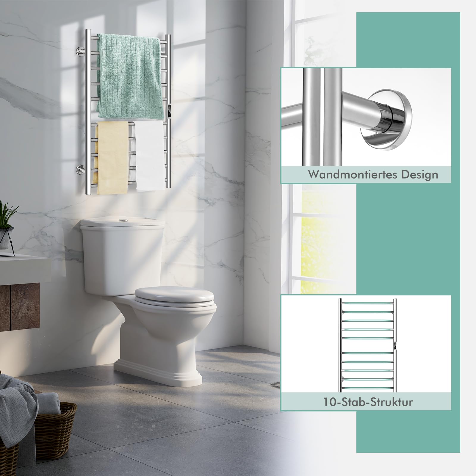 GOPLUS Handtuchheizkörper, elektrischer Handtuchwärmer aus Edelstahl, Handtuchtrockner mit LED-Touchscreen & Thermostat, für Badezimmer& Spa (53 x 11 x 86 cm, Silber)