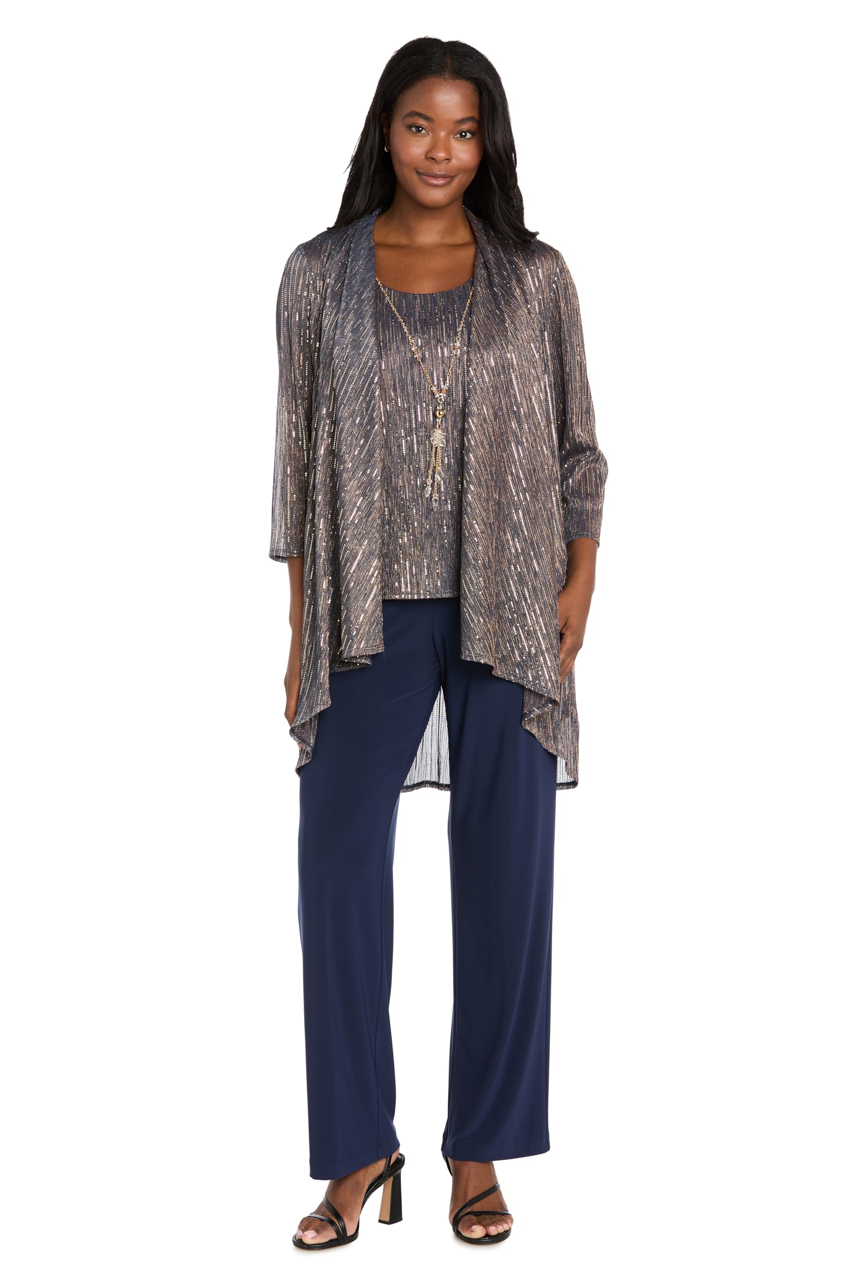 R M Richards Womens 3-Piece Sequin Duster Pant Set W Necklace - Wide-Leg Pull-On Pants Shimmer Tank