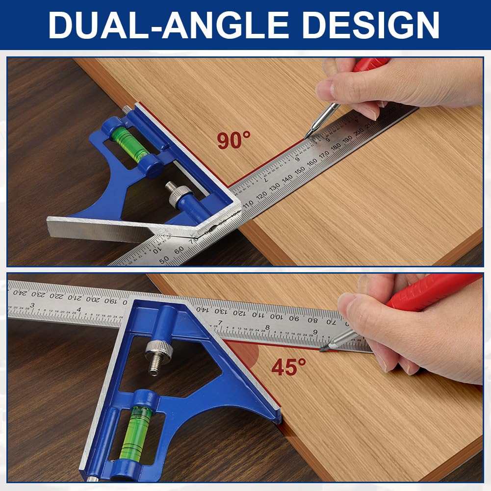 flintronic 150mm+300mm Combination Square Set, Stainless Steel Angle Ruler, with Built in Spirit Level & Marker Pins - Image 5