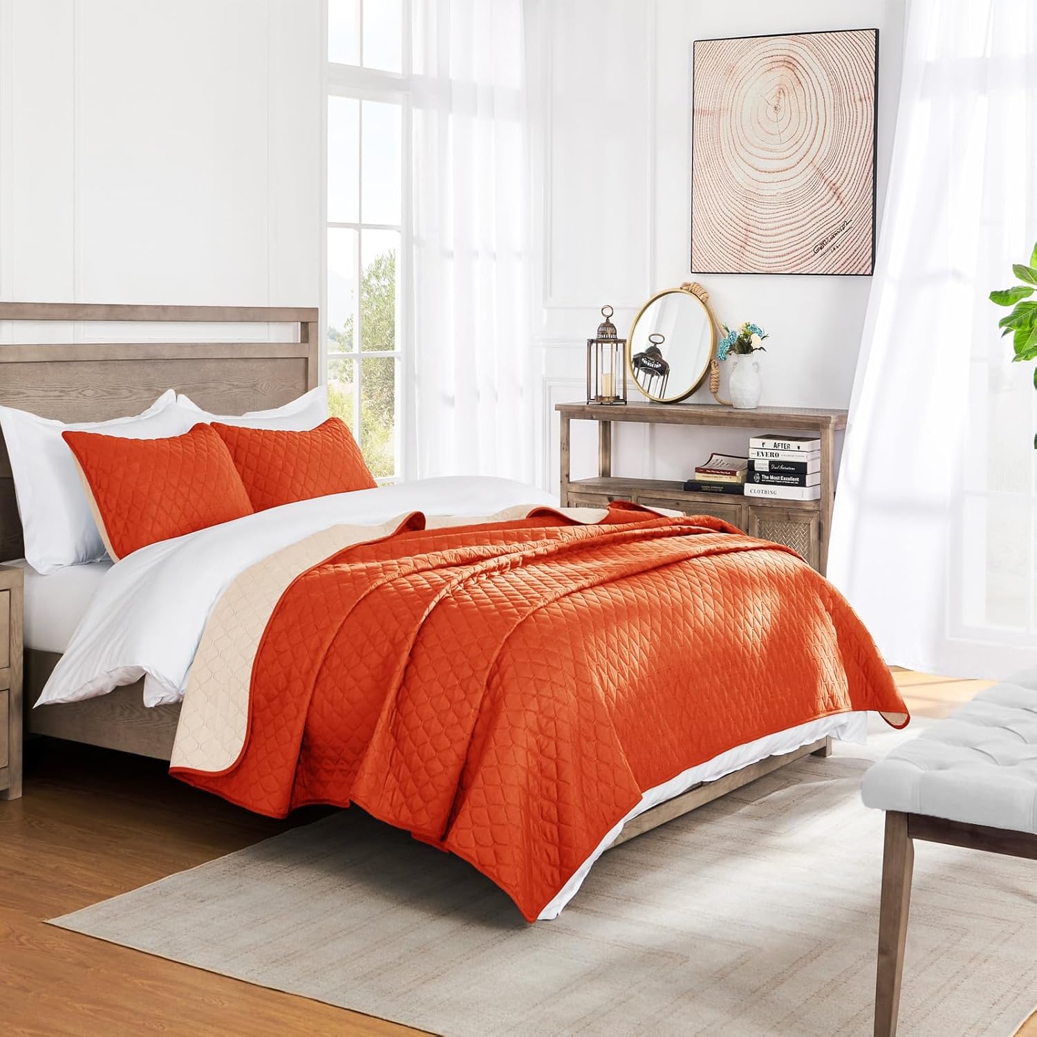 Exclusivo Mezcla Reversible Full Queen Quilt Bedding Set with Pillow Shams, Lightweight Quilts Queen Size, Soft Bedspreads Bed Coverlets for All Seasons - (Burnt Orange, 90"x96") - Image 2