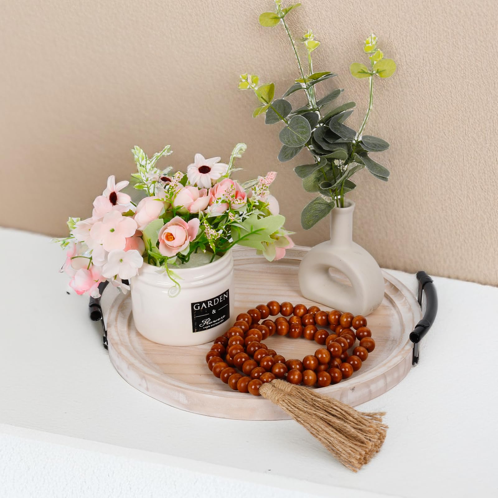 UBTKEY Plateau Décoratif Rond Avec Guirlande De Perles En Bois, Plateau De Table Basse De Ferme, Plateau De Service Décoratif En Bois Pour Décoration