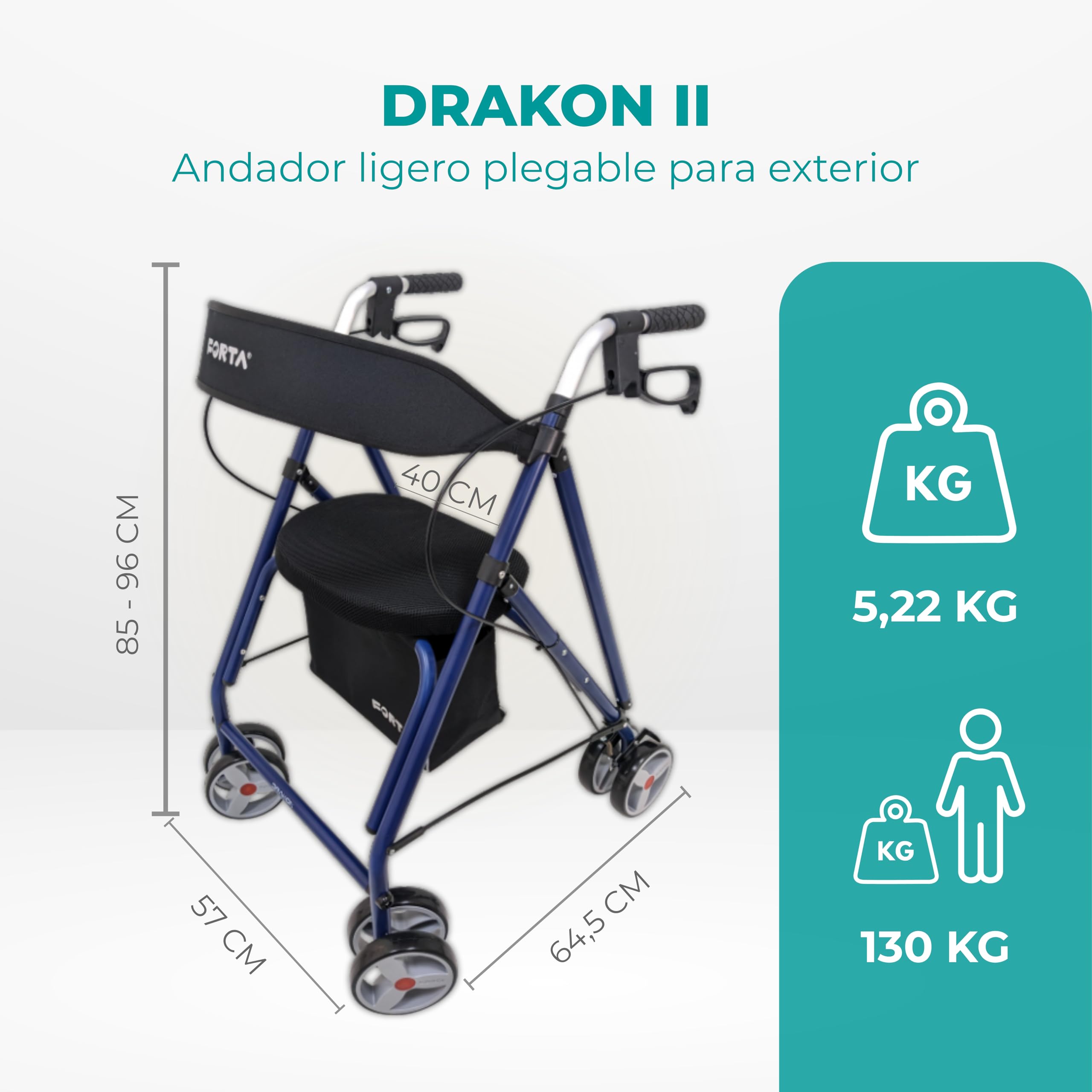 Forta Drakon 2 - Andador ligero y plegable para personas mayores - Con asiento, regulable en altura, freno de mano, para uso en exteriores - Capacidad de carga hasta 130 kg (Azul)