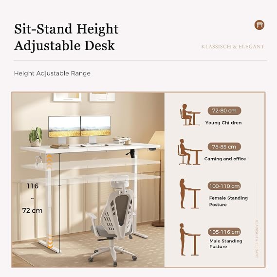 Klicelor Electric Standing Desk, 2 Memory Buttons for stand & sit, 120x60