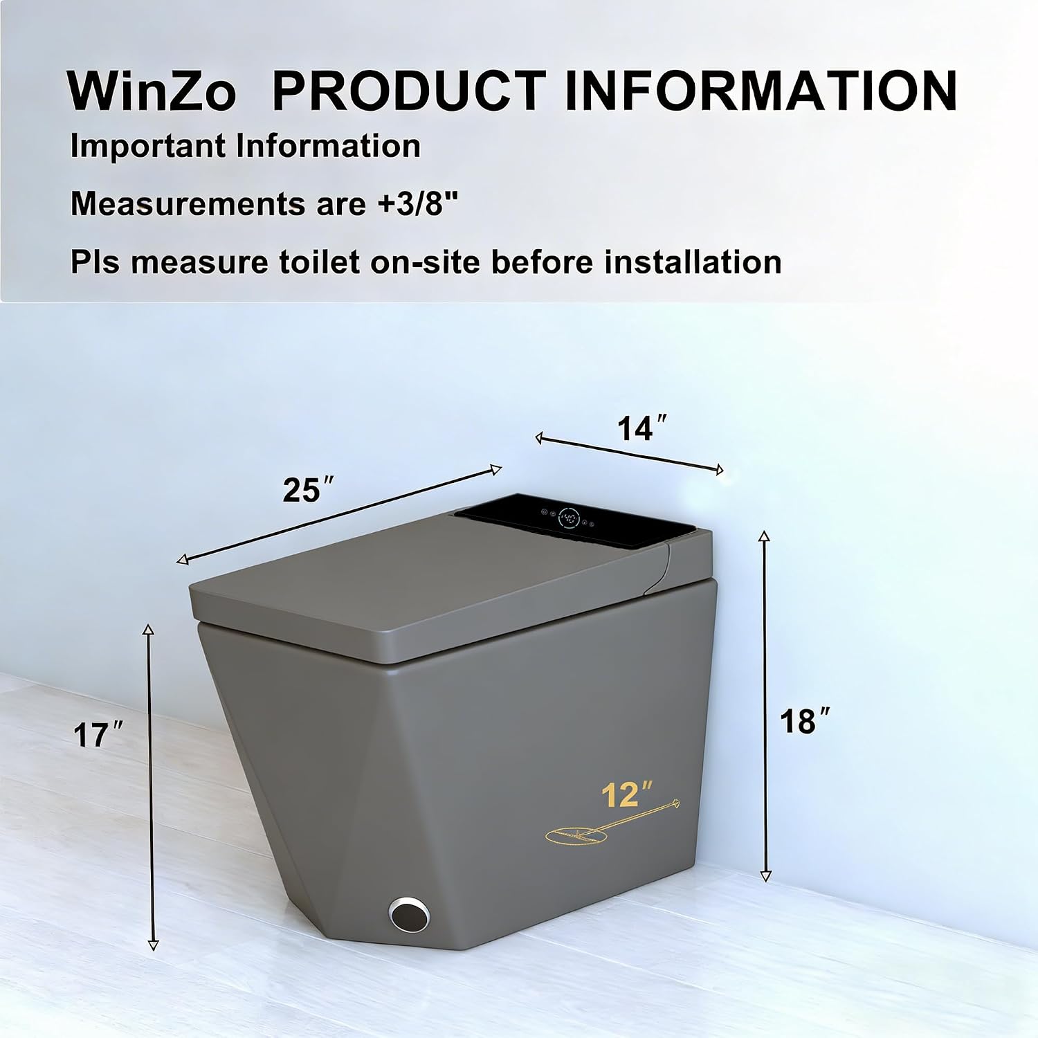 WinZo Square Smart Toilet Bidet For Modern Bathroom,Diamond-shaped Sleek Design Elonagted Rectangle 17" Comfort Bowl (Grey)