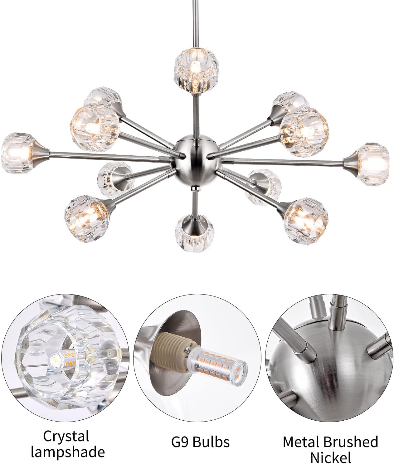Modern Sputnik Crystal Chandelier, 12-Light Brushed Nickel Firework Chandelier, Mid Century Dandelion Pendant Light Fixture for Dining Room, Living Room, Bedroom, G9 Base (Bulbs Not Included)
