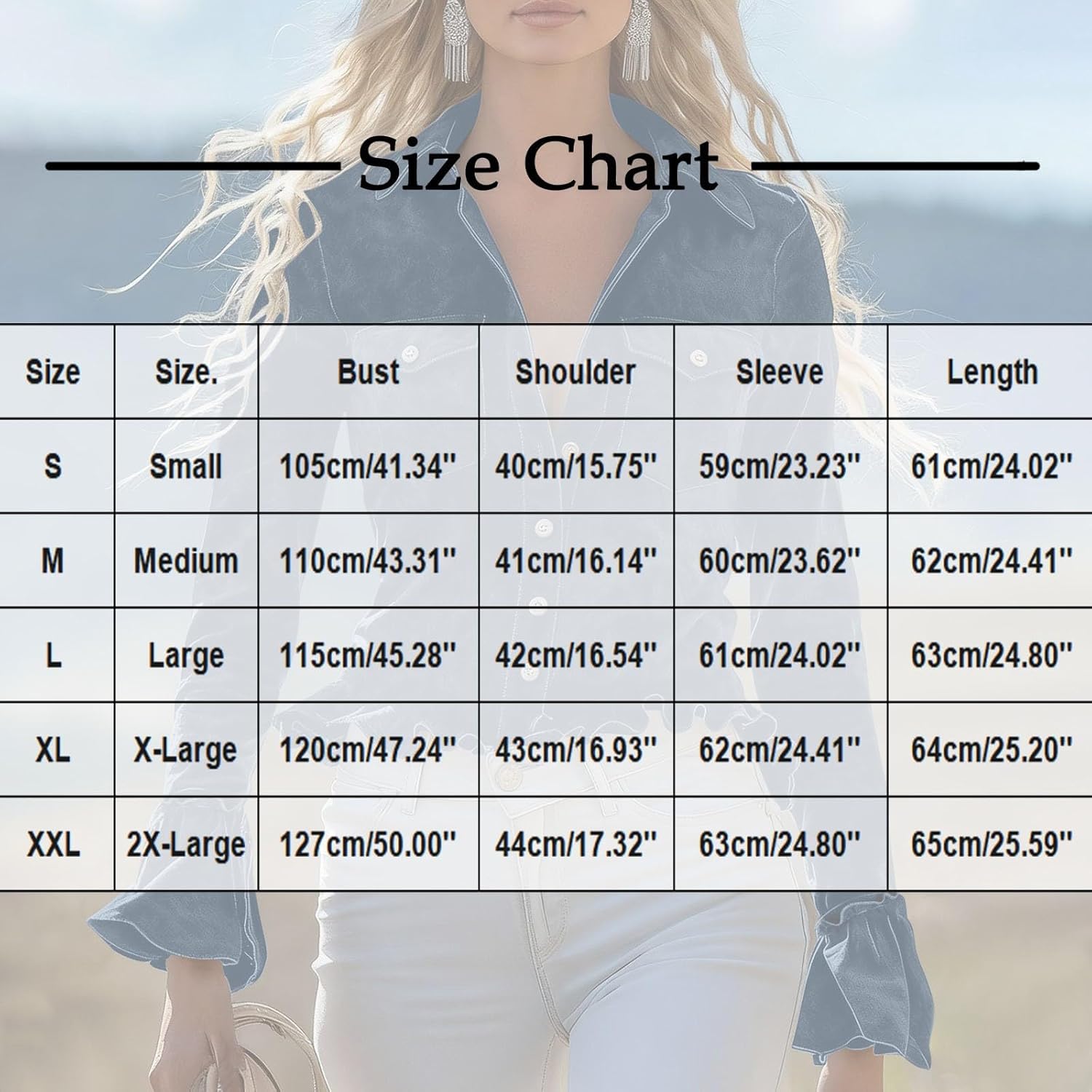 Women's Vintage Western Faux Suede Shirt Classic Button Up Lapel Collar Ruffle Bell Long Sleeve Blouse Dressy Casual Top - Image 4