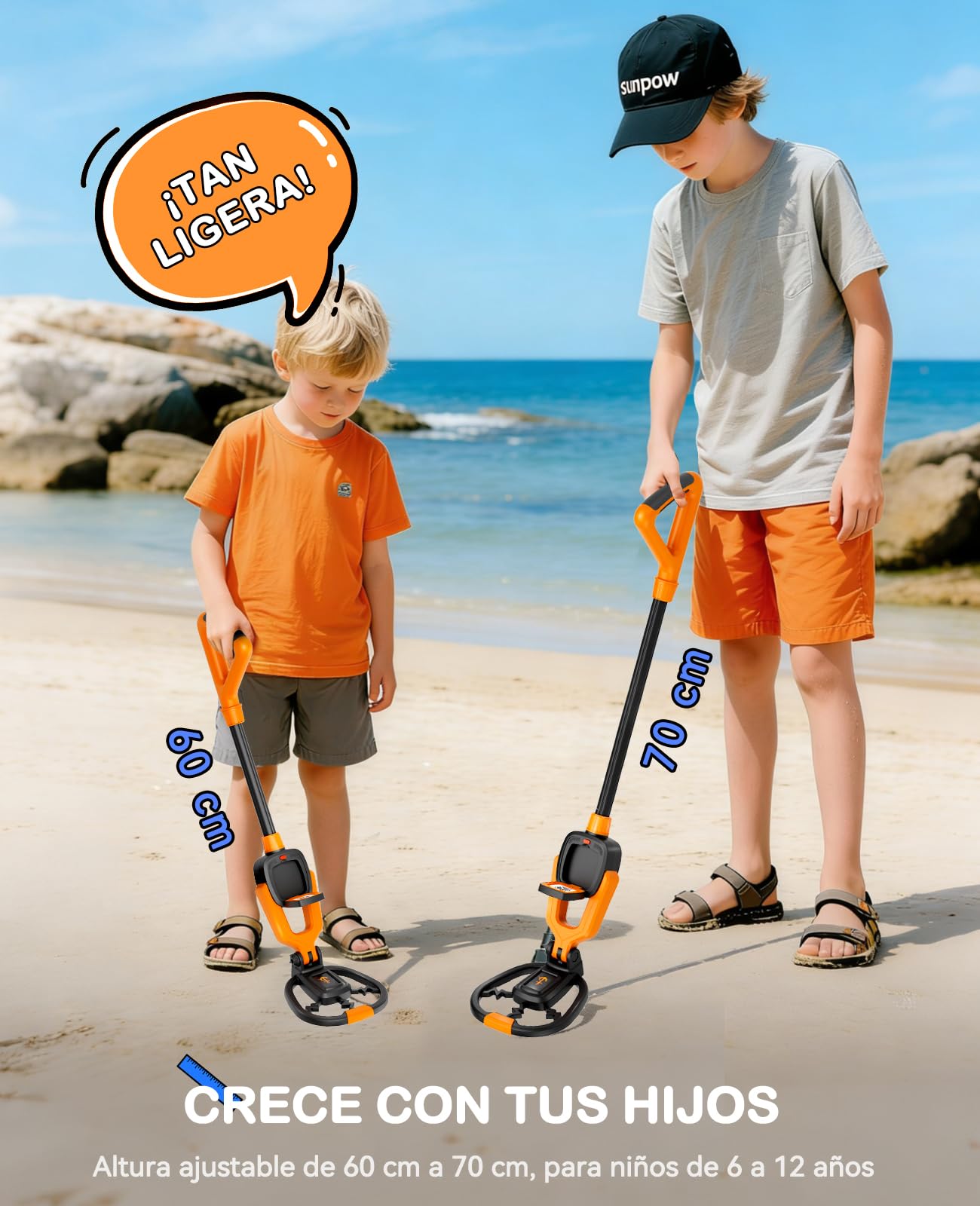 SUNPOW Detector de Metales para Niños,Vástago Ajustable (60-70 cm) | Kit Incluye Pala, Rastrillo y Bolsa - Regalo Ideal para Niños y Niñas de 6 a 12