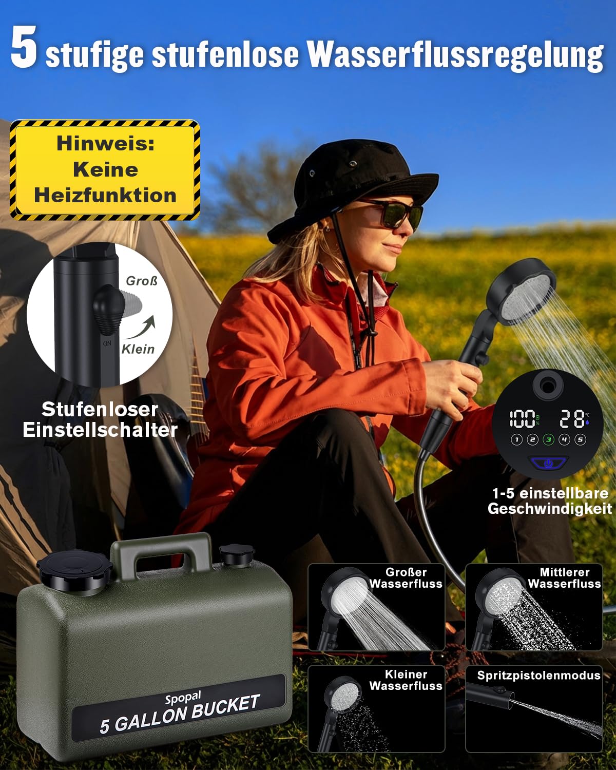 Spopal Camping Dusche 10000mAh Tragbare mit 20L Wasserkanister Akku Outdoor Set Duschkopf 2m Schlauch