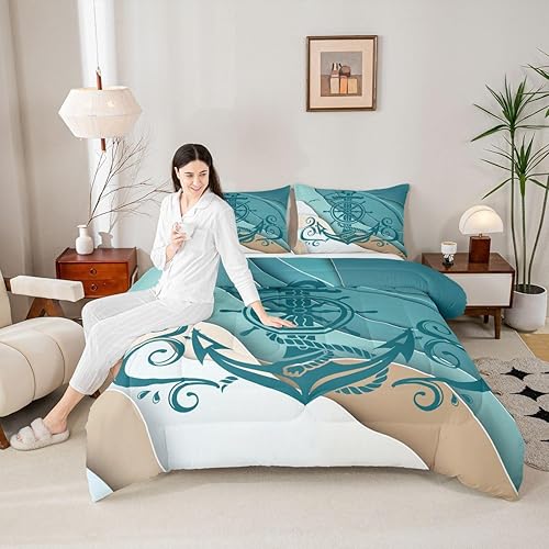 Miniatura 3 de Erosebridal Juego de edredón costero oceánico, juego de edredón de ancla náutica, juego de ropa de cama tamaño individual, juego de ropa de cama con