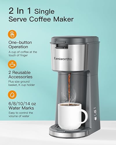 Miniatura 2 de Famiworths Cafetera de una sola porción para taza K y café molido, con cerveza audaz, cafetera de una taza, 6 a 14 onzas. Tamaños de preparación, se