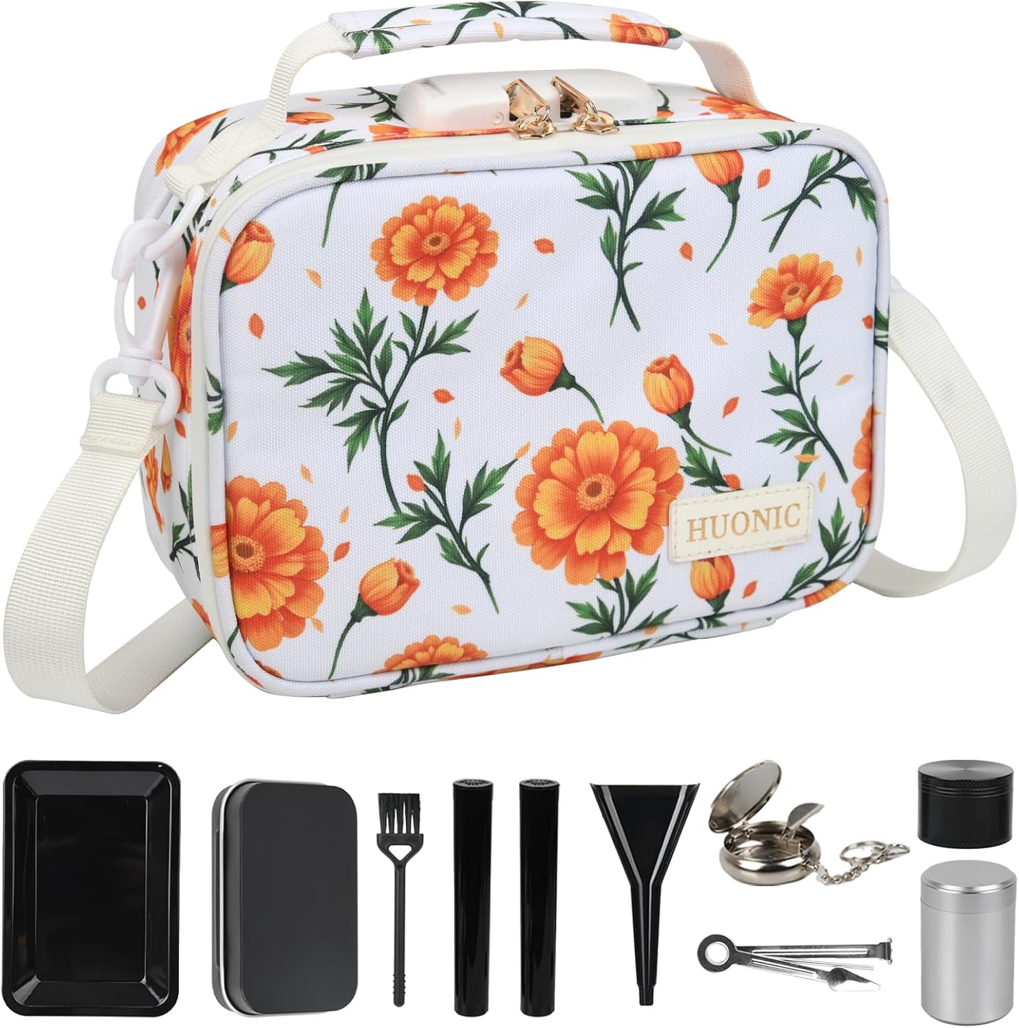 Orange Floral Travel Smell Proof Carrier Bag with 9 Small Accessories, Water-Resistant Organizers Box Case For Storing Your Products, Medicine Bag with Combination Lock, Great Gift for Friend.