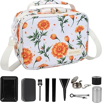 Orange Floral Travel Smell Proof Carrier Bag with 9 Small Accessories, Water-Resistant Organizers Box Case For Storing Your Products, Medicine Bag with Combination Lock, Great Gift for Friend.