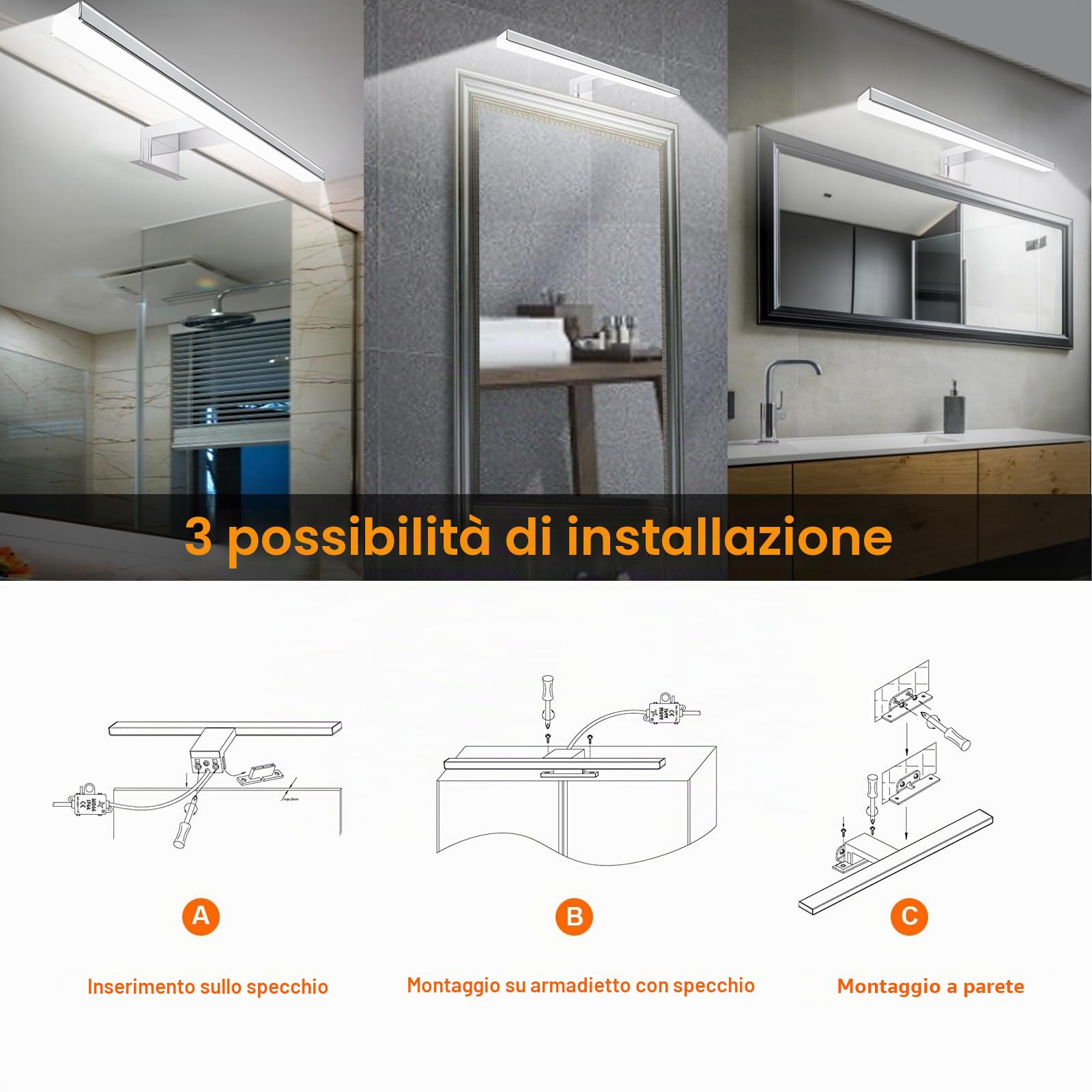 Karrong Lampada da specchio da bagno, 40 cm, con interruttore, telecomando, dimmerabile, 3000 K, bianco caldo, 4000 K, bianco naturale, 6000 K, IP44, impermeabile, per bagno, alluminio, 1200 lm, 12 W,