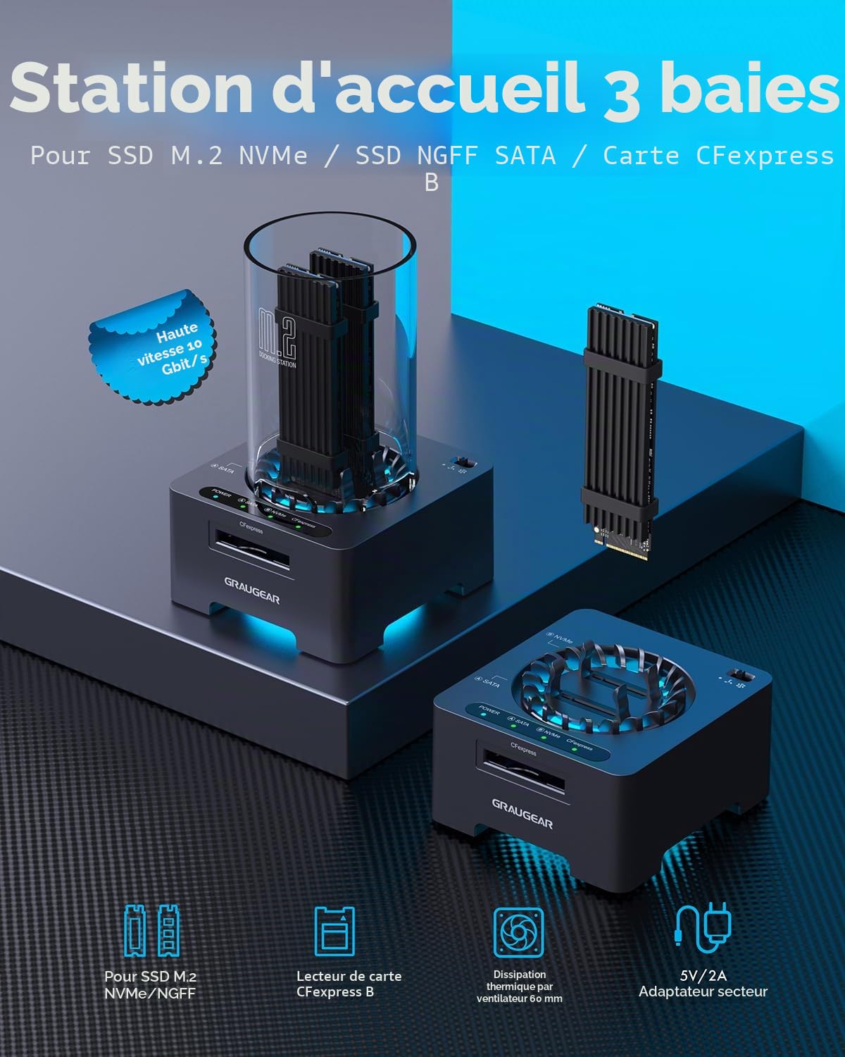 Station d'accueil SSD M.2, chipset JMS581LT pour Tous Les SSD NVMe et NGFF, Lecteur de Carte CFexpress Type B, USB3.2 Gen2 10 Gbit/s, Ventilateur Silencieux 60 mm, 2 câbles, Bloc d'alimentation