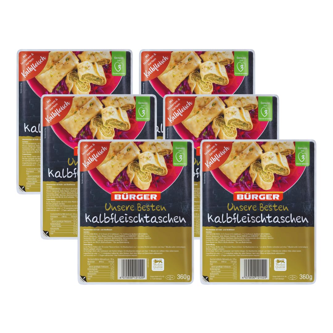 BÜRGER - „Unsere Besten Kalbfleischtaschen “ vorgegart, kochfest, mit zartem Kalbfleisch 6 x 360 g - vorgegart, gekühlt, ideal zum Kochen, Braten & Überbacken