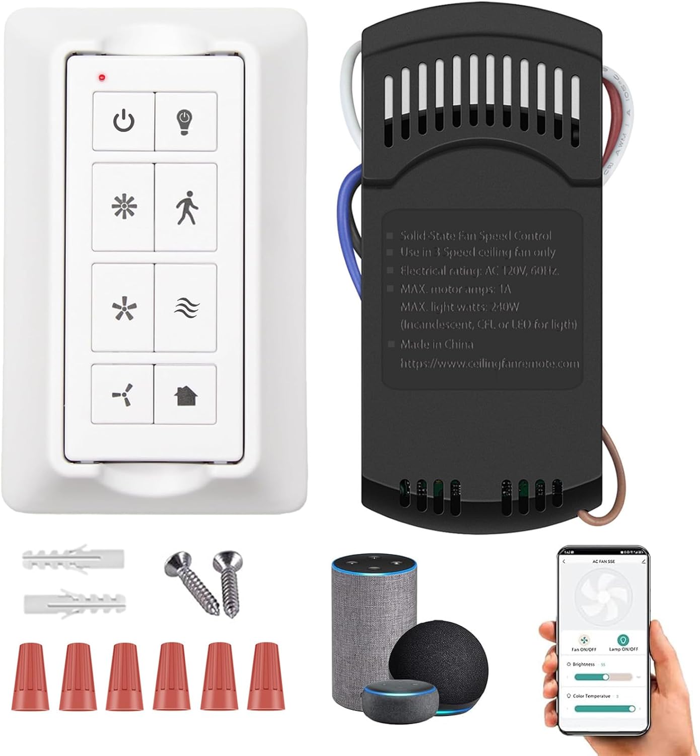 Smart Universal Ceiling Fan Remote Control Kit with Receiver, Fan Remote Wall Control with Light Dimmer, 3 Speeds, Time Delay, Compatible with Alexa, Google Assistant and Smart Life APP (White)