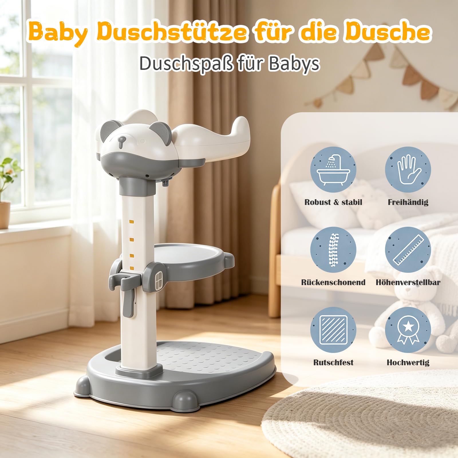 Soporte de ducha para bebé, Soporte de Bañera para Bebé con base antideslizante,Soporte de ducha para niños de 6 a 36 meses para bañarse