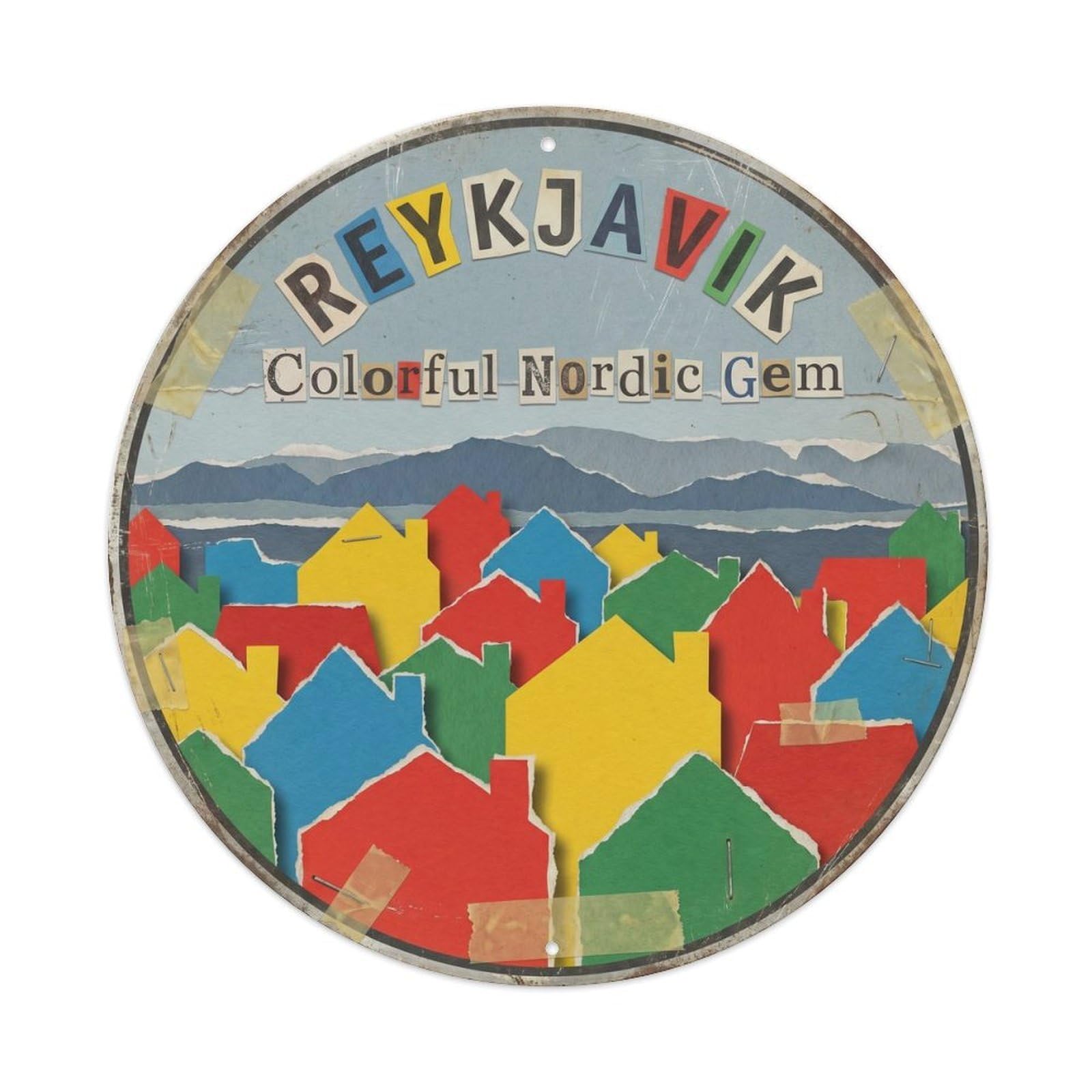 Yrnq Vintage Style Vintage Travel Reykjavik Houses Iceland Vintage Metal Tin Sign Plaque Wall Decor For Cafe, Club, Garden Round Metal Poster 8X8inch