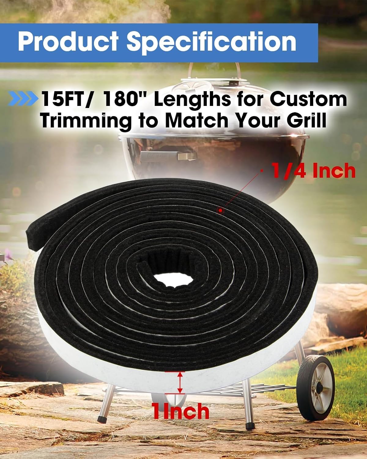 1" x 1/4" Smoker Gasket Seal 15 FT High Temp Self-Stick BBQ Grill Gasket | for Superior Heat Preservation & Smoke Leak Proof