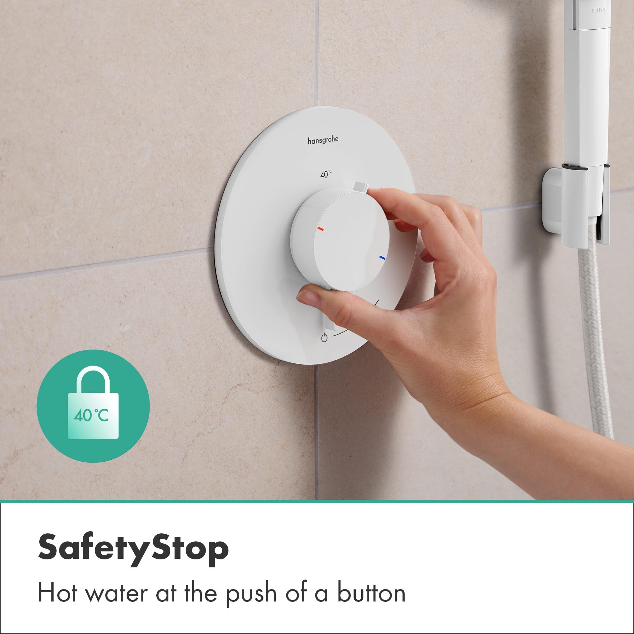 hansgrohe Ecostat Comfort S - termostato para ducha empotrado, grifo ducha con botón de seguridad (SafetyStop) a 40 °C, mezclador para 1 función, blanco mate, 33714700