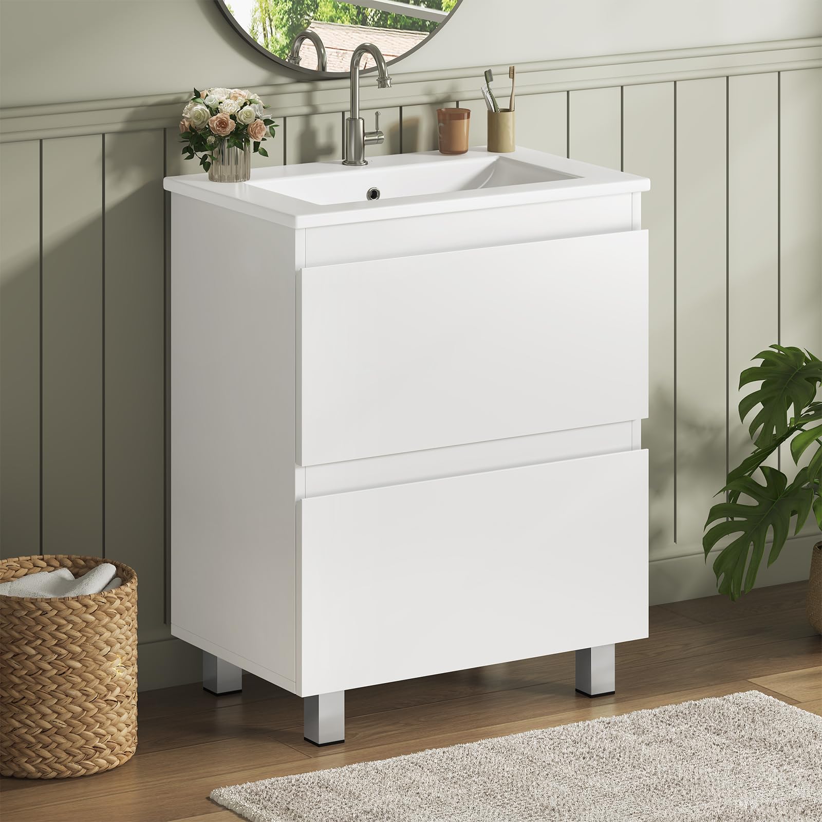 KIMENICH Waschtisch mit Unterschrank 60 cm, Waschbeckenunterschrank, Badezimmerschrank mit 2 großen Schubladen, Unterschrank Waschbecken mit Füßen, Viel Stauraum, 61 x 46.5 x 87 cm, Weiß