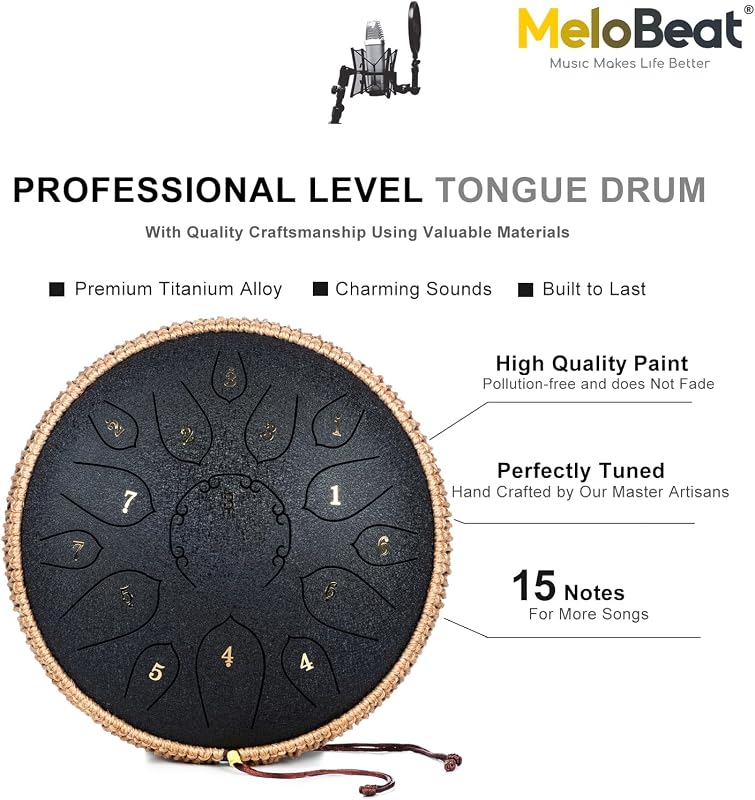 MeloBeat Tongue Drum 12" 15 Hangú D-dúr Acél Handpan Készlet - Professzionális Ütőhangszer Dalkönyvvel, Ütőkkel és Hordtáskával (Fekete)