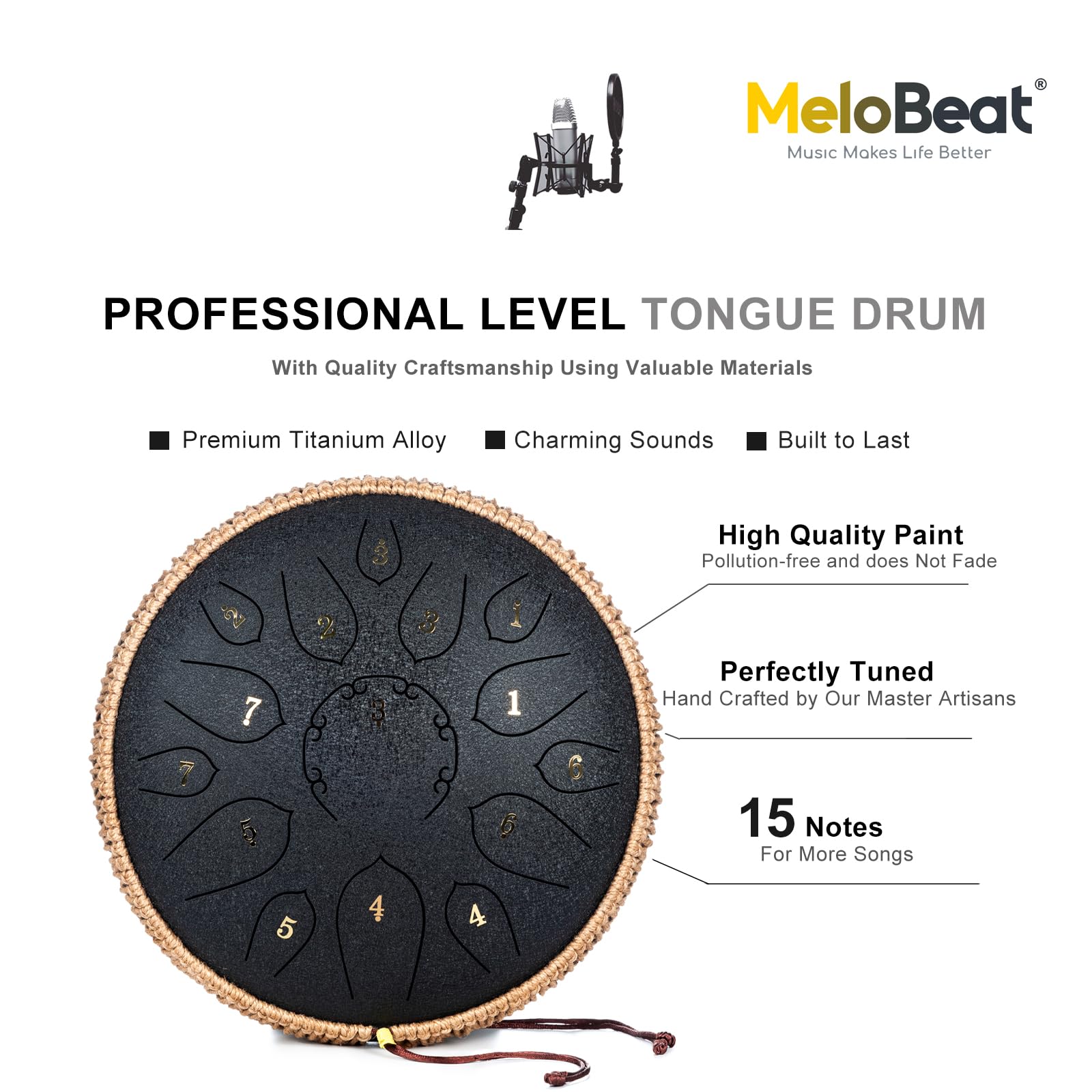 MeloBeat Tongue Drum Handpan - Tambour à Langue 12 Pouces 15 Notes - Ensemble Professionnel de Tambour a Langue en Acier en Ré Majeur Inclus Livre de Chansons de Tambour à Langue, D key (Noir)