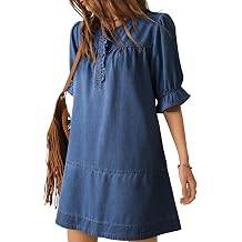 Dokotoo Womens Denim Dress Ruffle Short Sleeve Button Cowgirl Jean Dress | Crewneck,Flare Sleeve,Babydoll,Button Down,Loose Fit,A-Line,Tiered,Country Concert,Cowgirl,Western Outfit,Casual