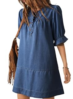 Dokotoo Vestido de mezclilla para mujer, estilo babydoll 2026, casual, con volantes, manga corta, con botones, traje de vaquera occidental | Crewneck,Flare Sleeve,Babydoll,Button Down,Loose Fit,A-Line,Tiered,Country Concert,Cowgirl,Western Outfit,Casual