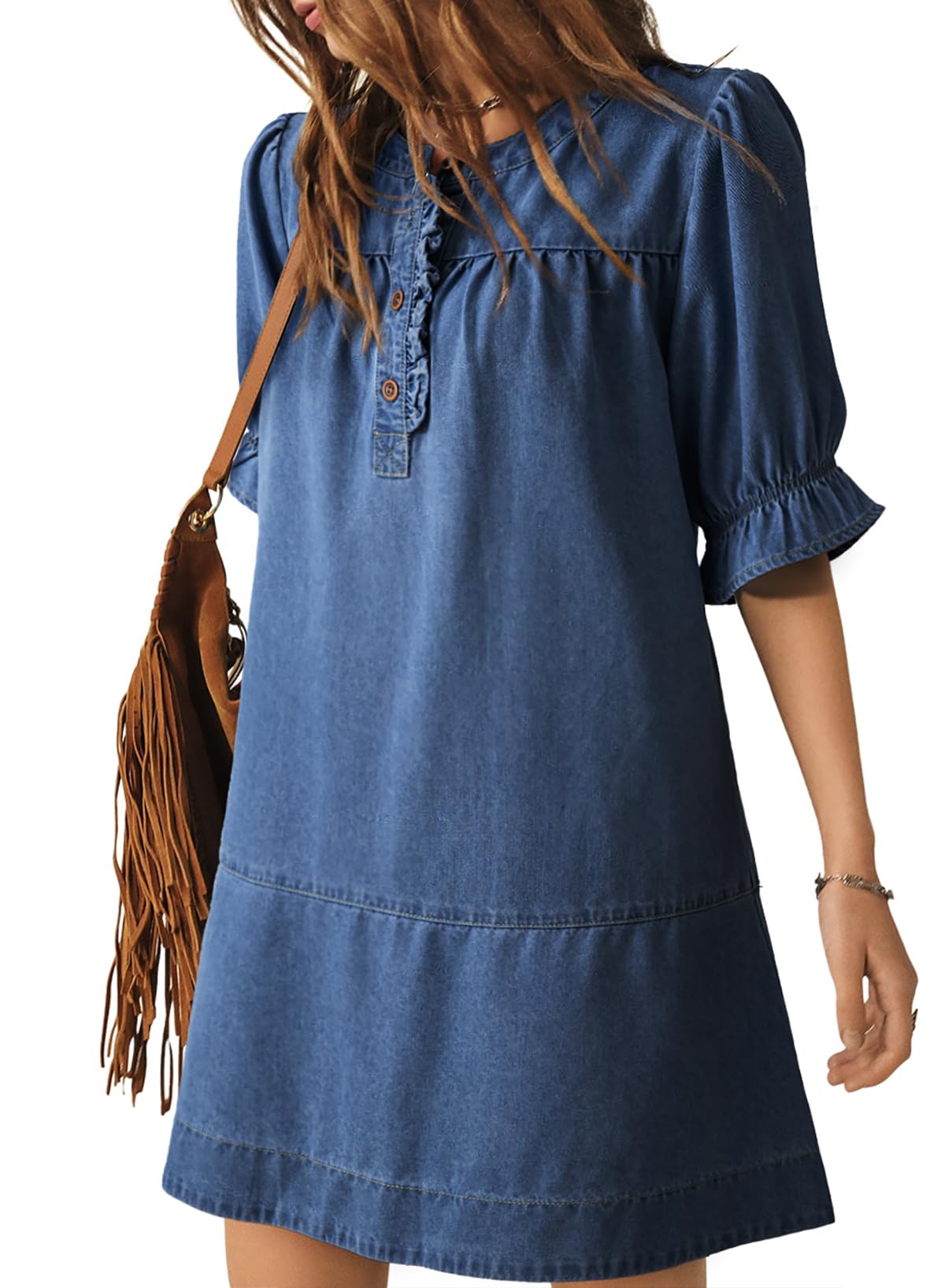Photo 1 of Dokotoo Women's Summer Outfit Denim Dress Short Flare Sleeve Loose Fit Crew Neck Summer Jean Dresses Button Down Fashion Mini Jean Dresse Blue Medium