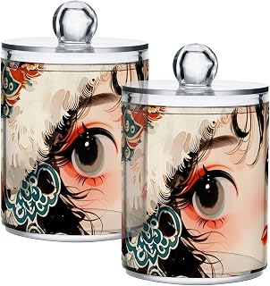 Cotton Swab Holder with Lid, 2 Pack Bathroom Qtips Dispenser Jar Canister for Vanity Storage Organization-Chinese Anime Print