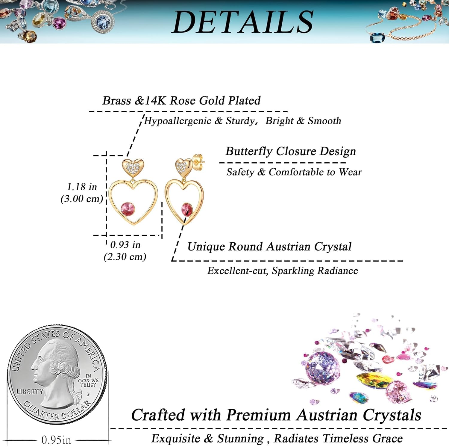 EVEVIC Austrian Crystal Double Gold Heart Dangle Earrings for Women 14K Gold Plated Hypoallergenic drop Earring Jewelry Gift - Image 4