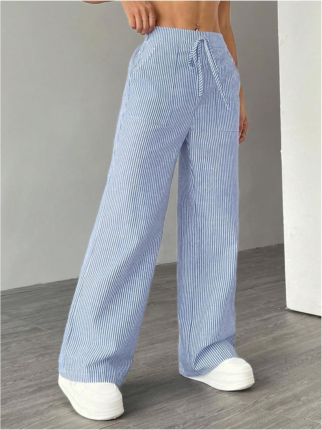 WDIRARA Women's Striped Drawstring Waist Wide Leg Pants Loose Lounge Pants