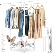 Portable Foldable Clothes Drying Rack - Adjustable Double Extendable Rods 33.1 to 56.7 -Portable Coat Rack for Travel, Camping, Drying, RV, Indoor, Outdoor, Easy AssembleWhite