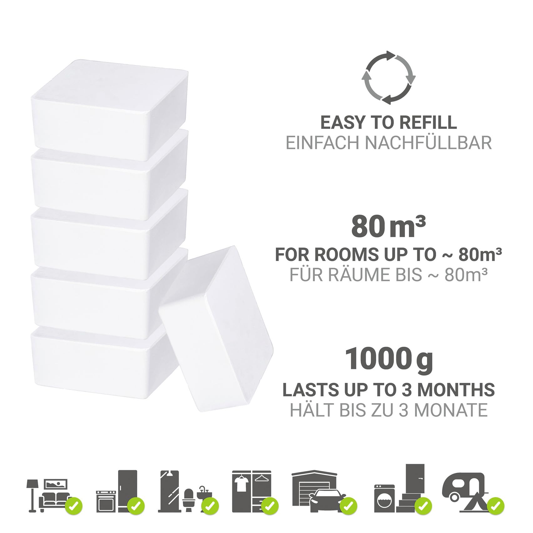 Raumentfeuchter Mod. Cube Nachfüller 1000 g, 6er Set, Für Räume bis 80 m³, Calciumchlorid, 12 x 5 x 12 cm