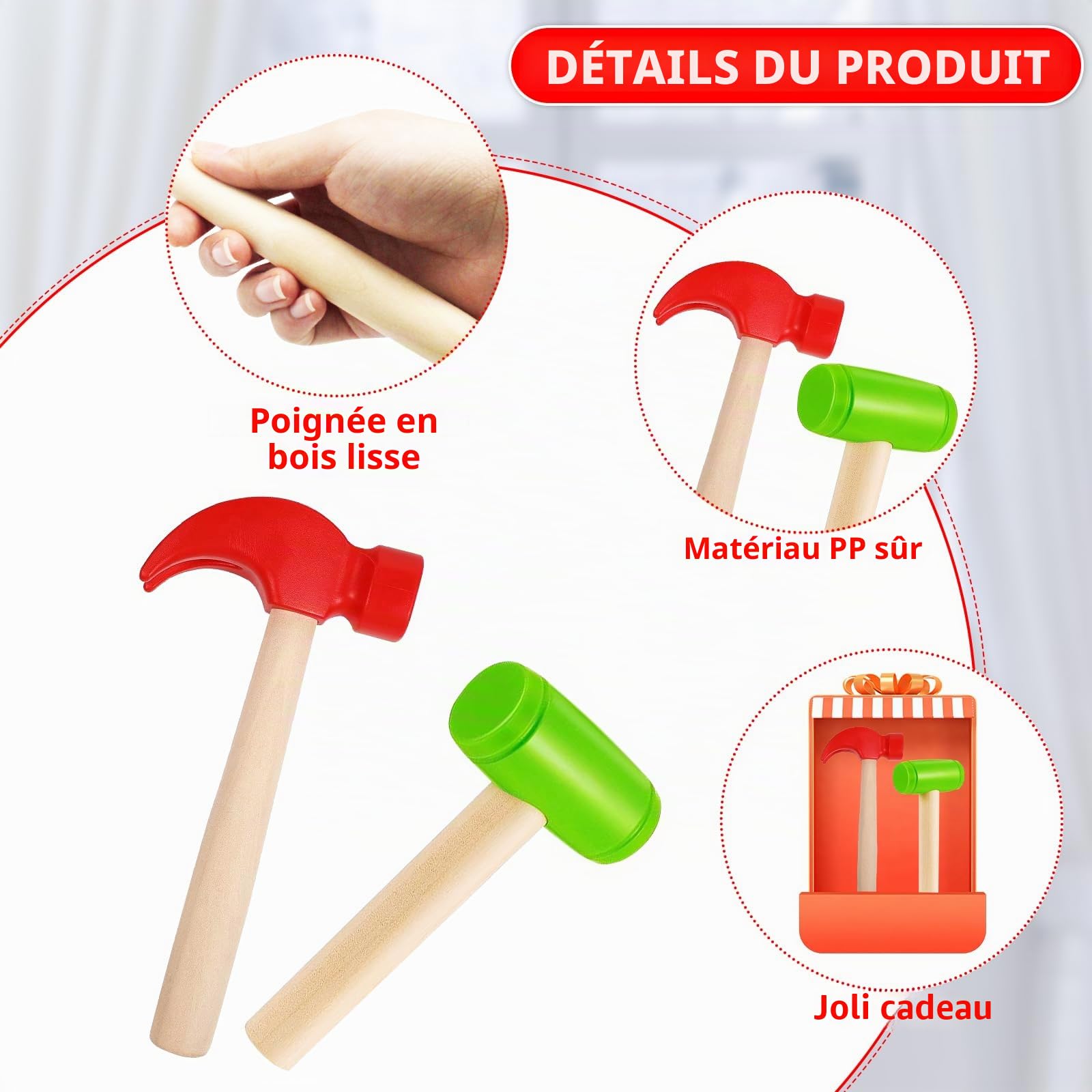 BLMHTWO Lot de 2 marteaux pour enfants, marteau en bois, maillet, jouet en plastique, outils de maintenance, petit marteau simulé pour réparations, blocs de construction