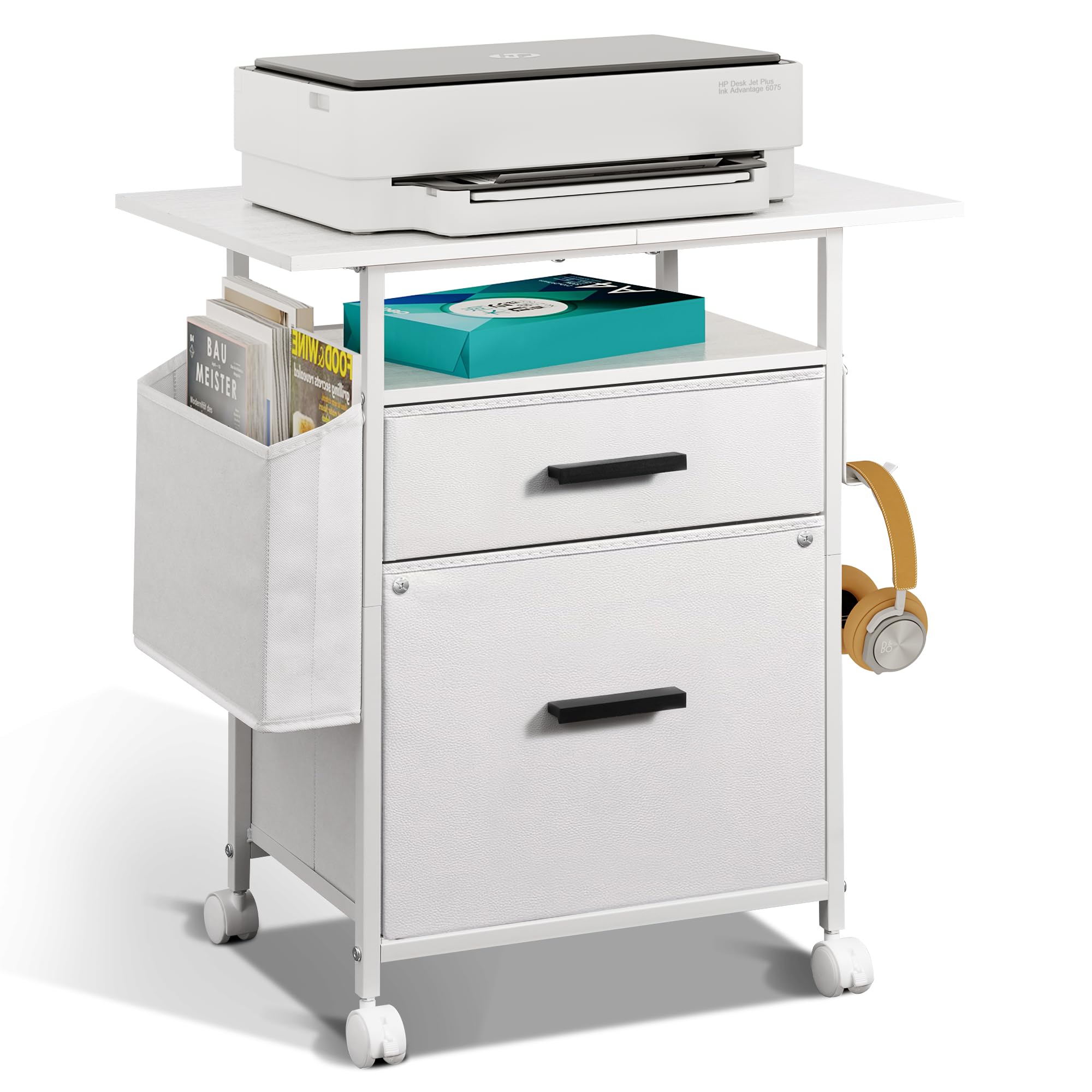 Armoire de classement Mobile en Tissu avec 2 tiroirs de Rangement, pour accrocher des dossiers A4, Format Lettre, étagère Ouverte avec Sac de Rangement et Crochets, Blanc