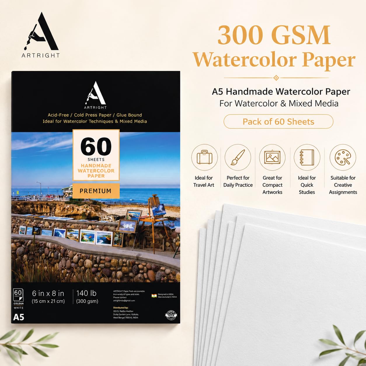 ArtRight Artists Watercolor Paper (A5 Pack of 60 Sheets, 300 GSM); Handmade Watercolour Paper for Artists 3