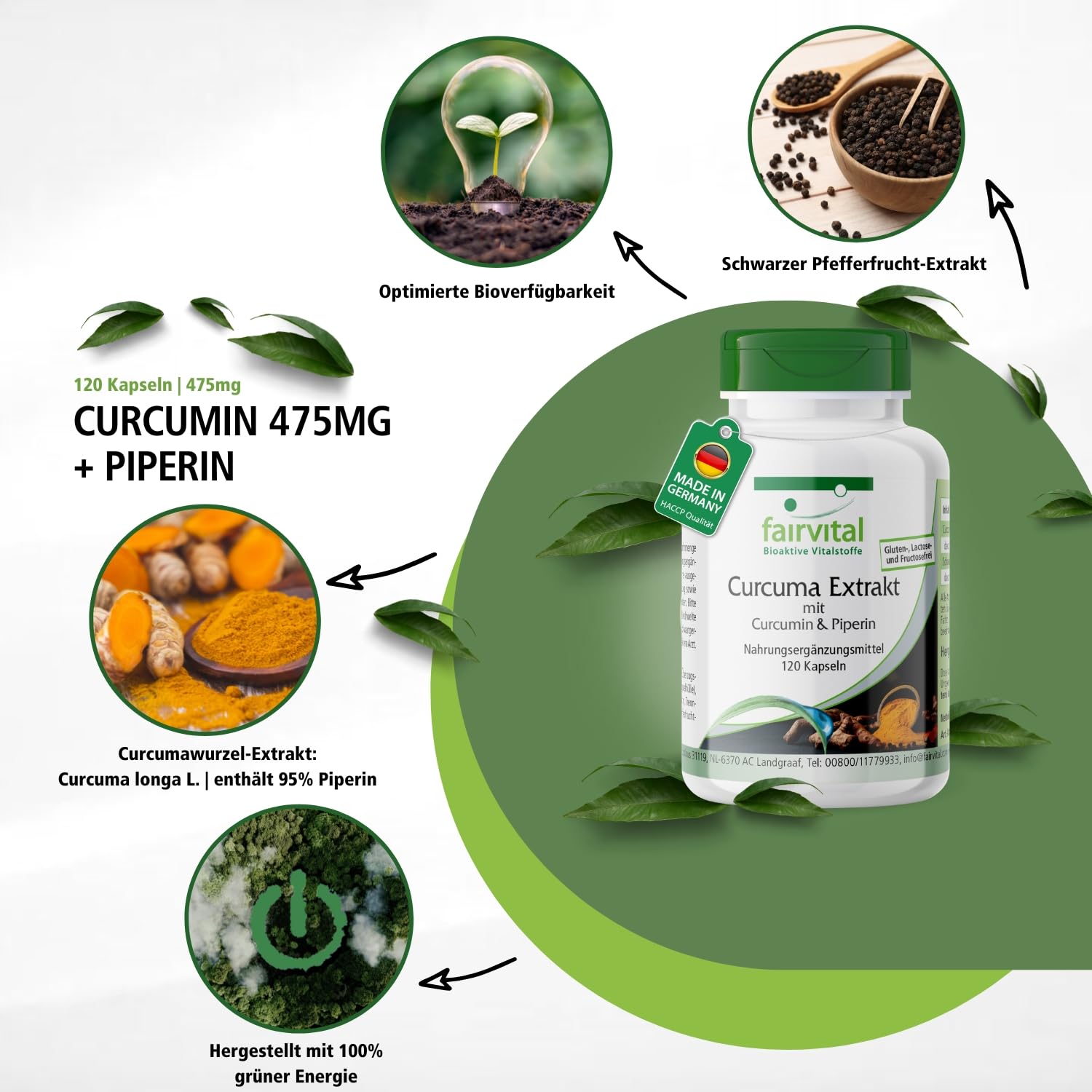 fairvital Kurkuma Kapseln, 500mg Curcuma Extrakt pro Kapsel, 120 Kapseln, HOCHDOSIERT, Curcumin 95% mit Bioperin (Piperin)