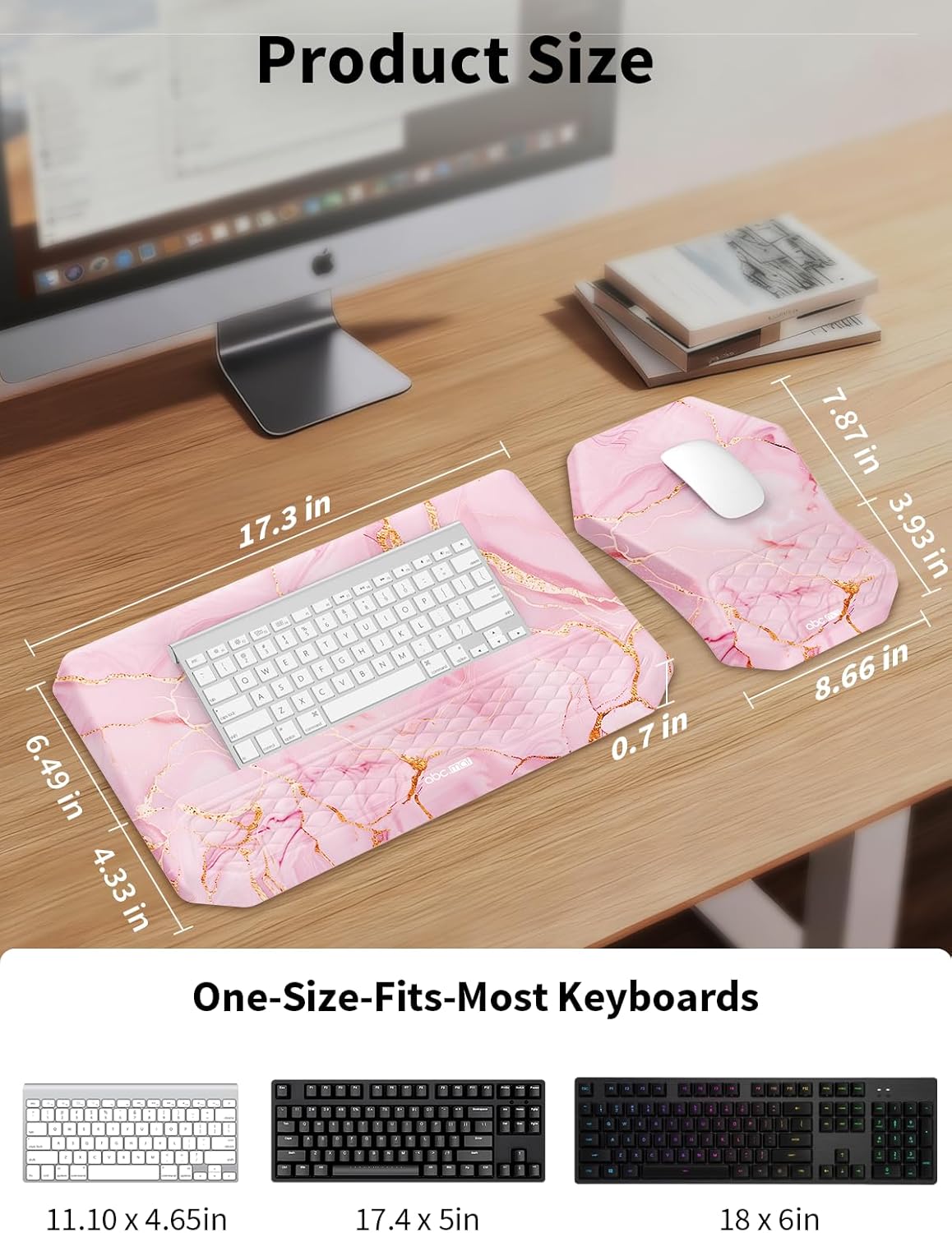 3-in-1 Ergonomic Keyboard Stand with Wrist Rest & Mouse Pad Set, Comfy Keyboard Riser Holder Soft Mousepad with Massage Design, Memory Foam and Non-Slip PU Base for Pain Relief, Pink Marble