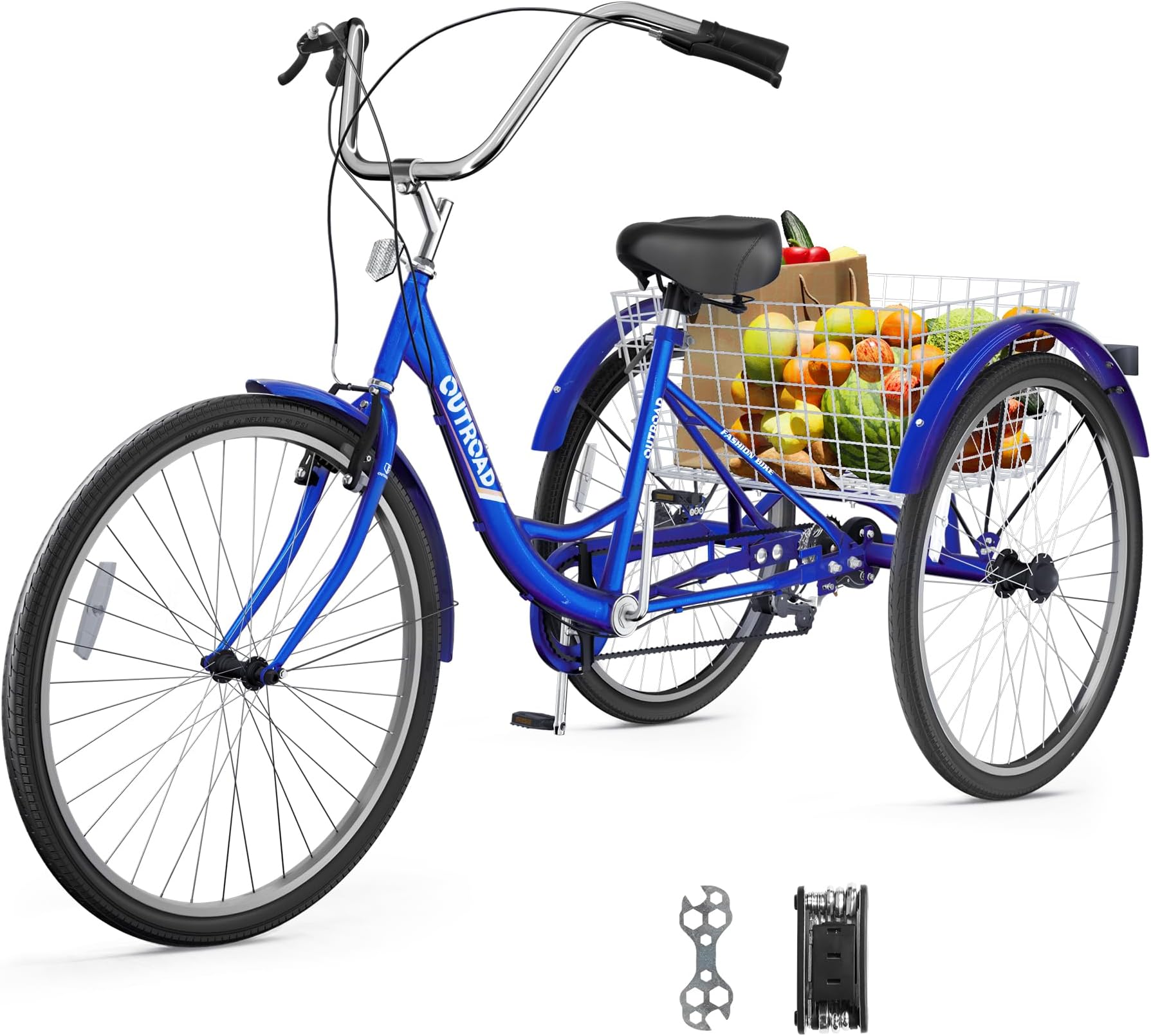 Outroad Adult Tricycle, 24/26 inch 7 Speed Cruiser Trike, 3 Wheel Bikes with Large Basket for Seniors, Women, Men, Adult Trikes for Shopping Picnic Outdoor Sports,26 inch Blue