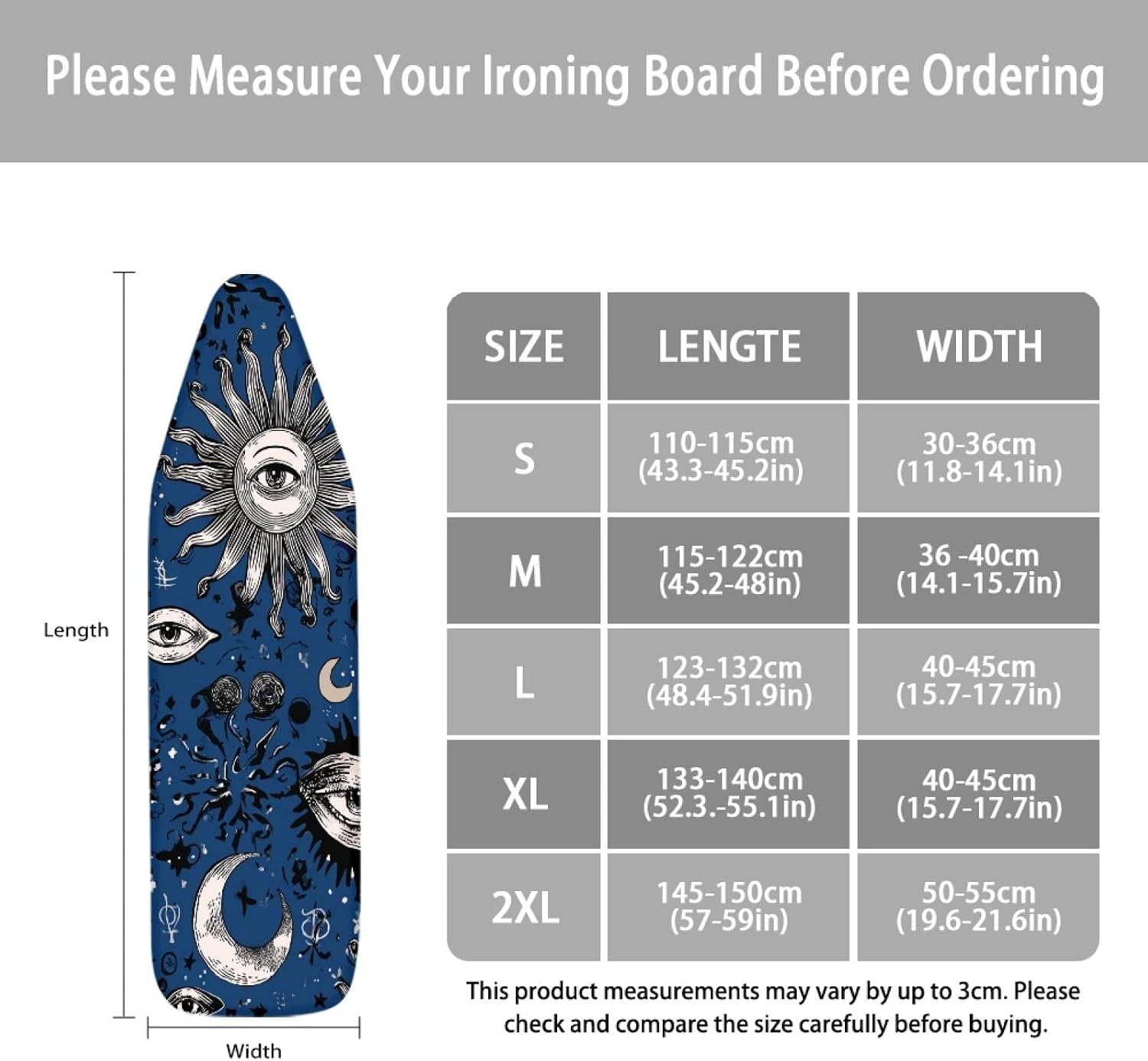 Padded Ironing Board Covers 18 X 49 Mystic Sun Moon Art Ironing Board Pad and Cover Thick Replacement Drawstring Tightening & Lock, Easy Fit, Scorch & Stain Resistant, Non Slip