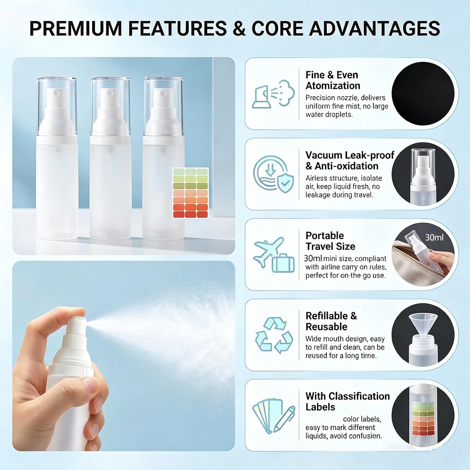 3 Pack 1oz/30ml Airless Plastic Spray Bottles, Strawless Fine Mist Travel Dispensers, Frosted Clear with Label Stickers for Toner Face Mist